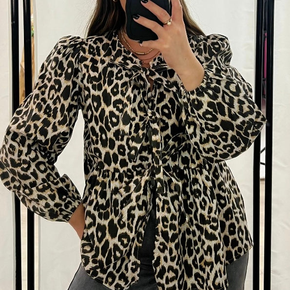 Leopard pattern bow blouse